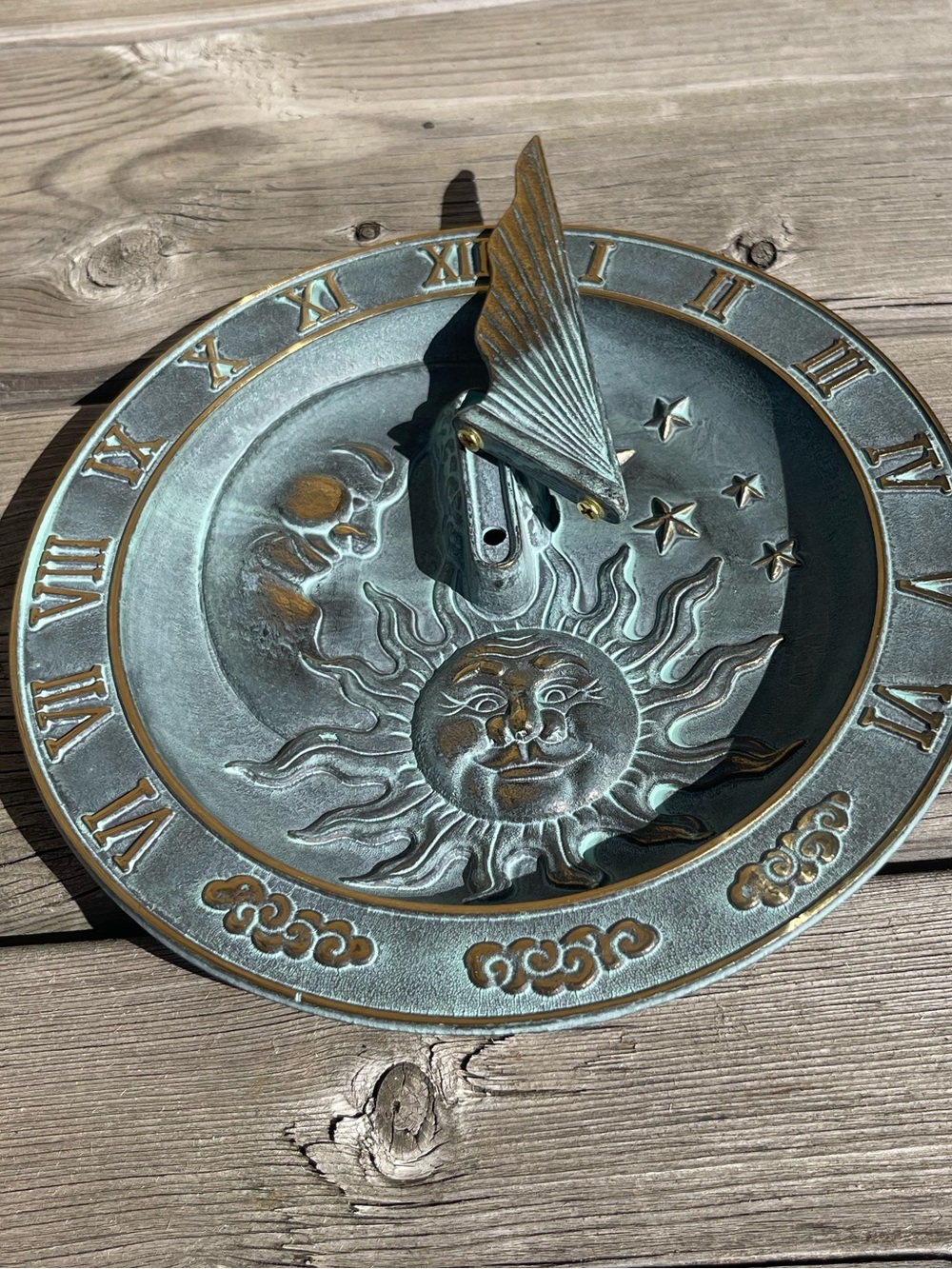 Vintage Verdigris Sundial Clock with beautiful Sun Moon & Stars Brass Taiwan 8”
